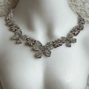 D'Orlan Necklace w Pierced Earrings. Rhodium Plated, Green enamel, NEW